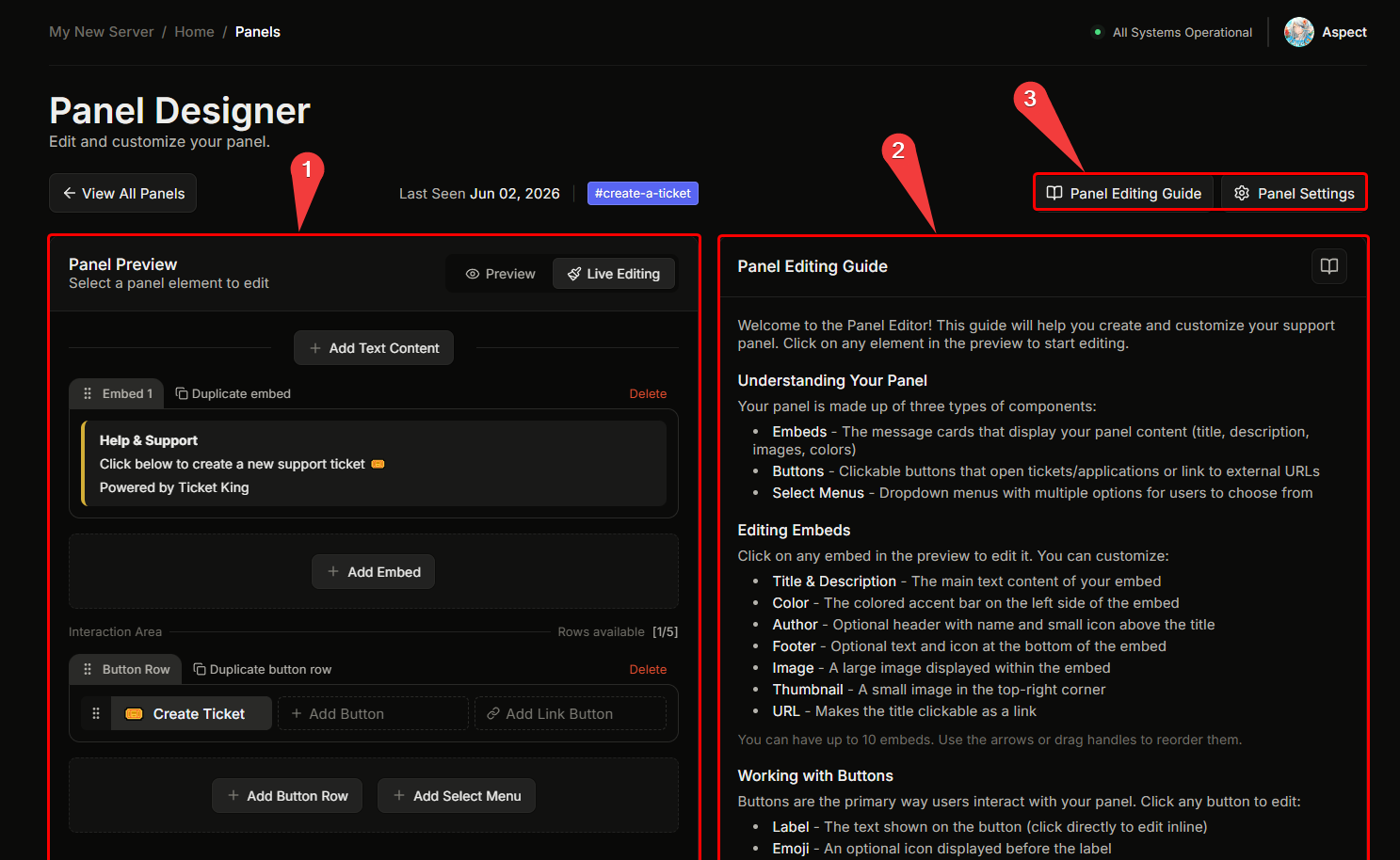 The panel editor open on an existing panel