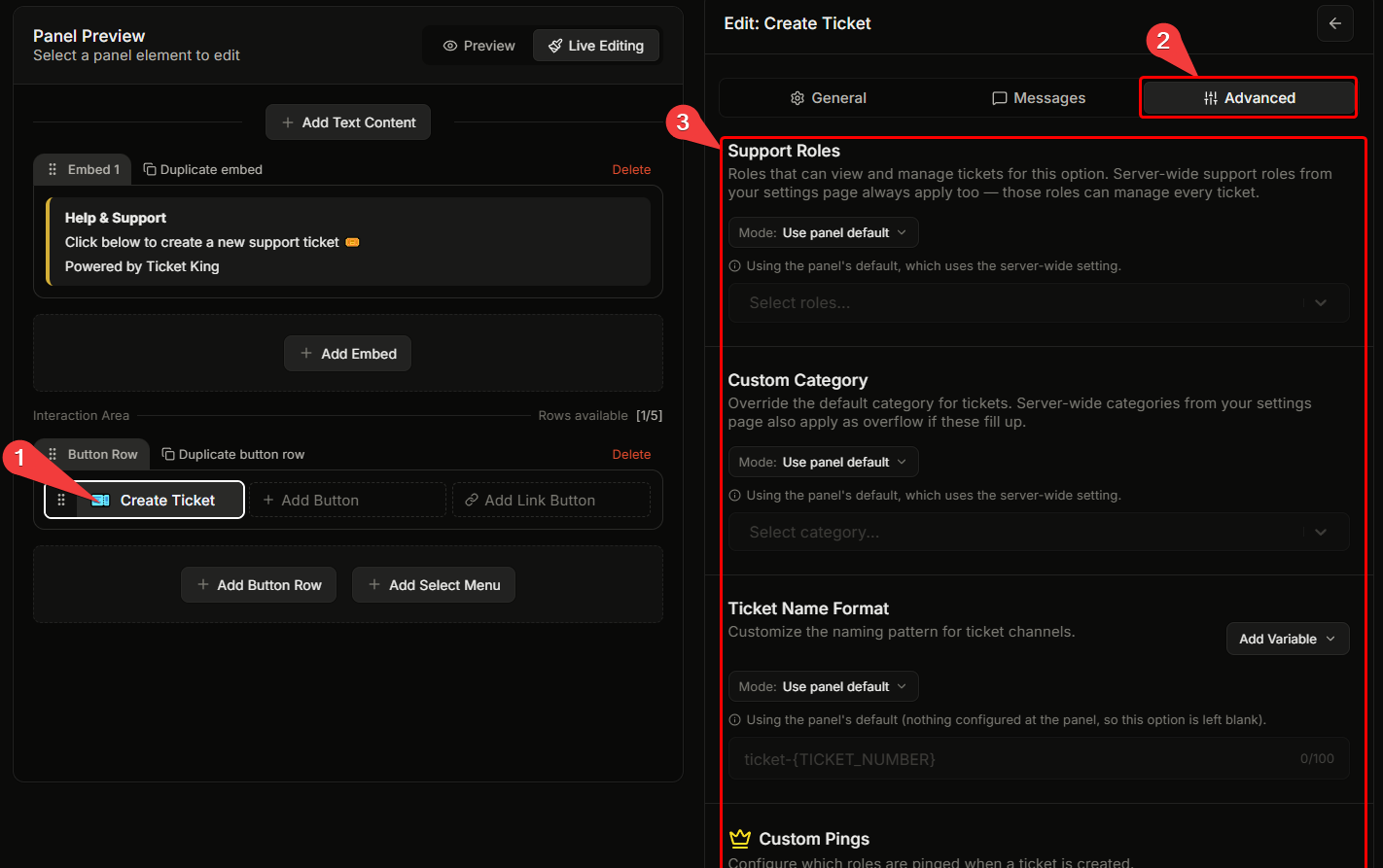 The per-option editor with the Advanced tab active, showing the Support Roles, Custom Category, Custom Ticket Name, Cust