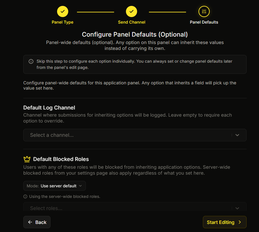 The wizard on the Configure Panel Defaults step for an application panel, showing the Default Log Channel field