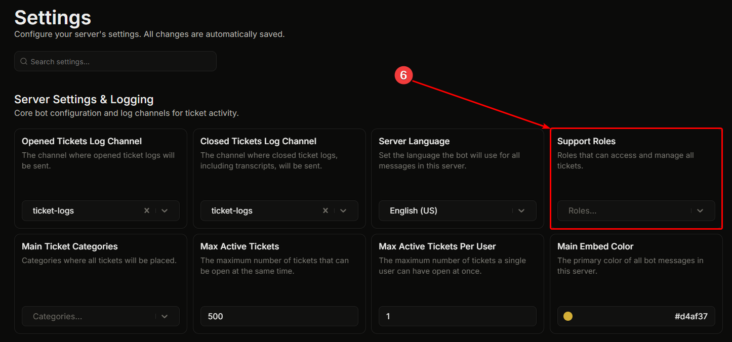 The Settings page Support Roles section with a role being added
