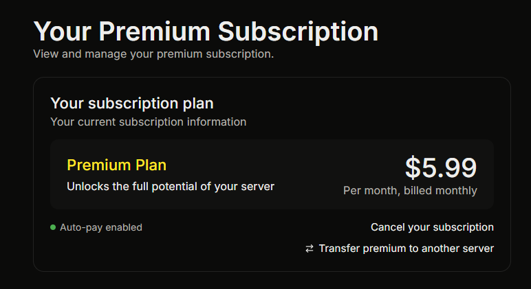 The Premium page showing the subscription as active across the server