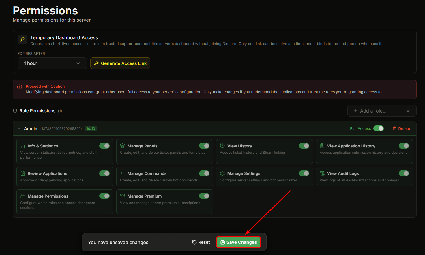 The unsaved-changes bar at the bottom of the Permissions page with the Save Changes button