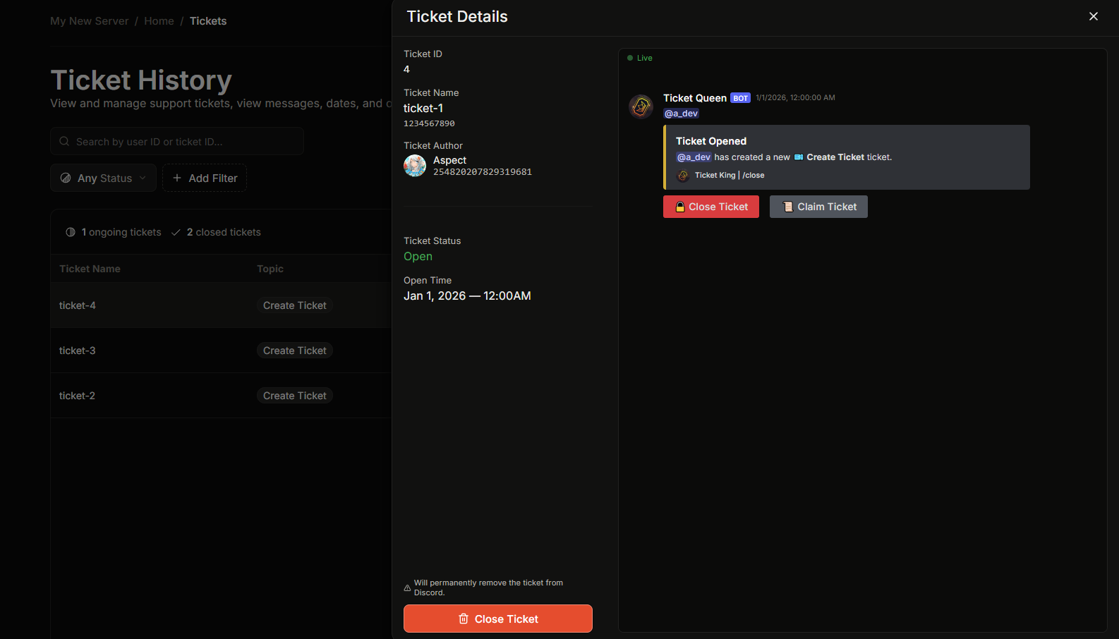 The Ticket Details drawer for an open ticket, showing the detail fields and Close Ticket button on the left and the live