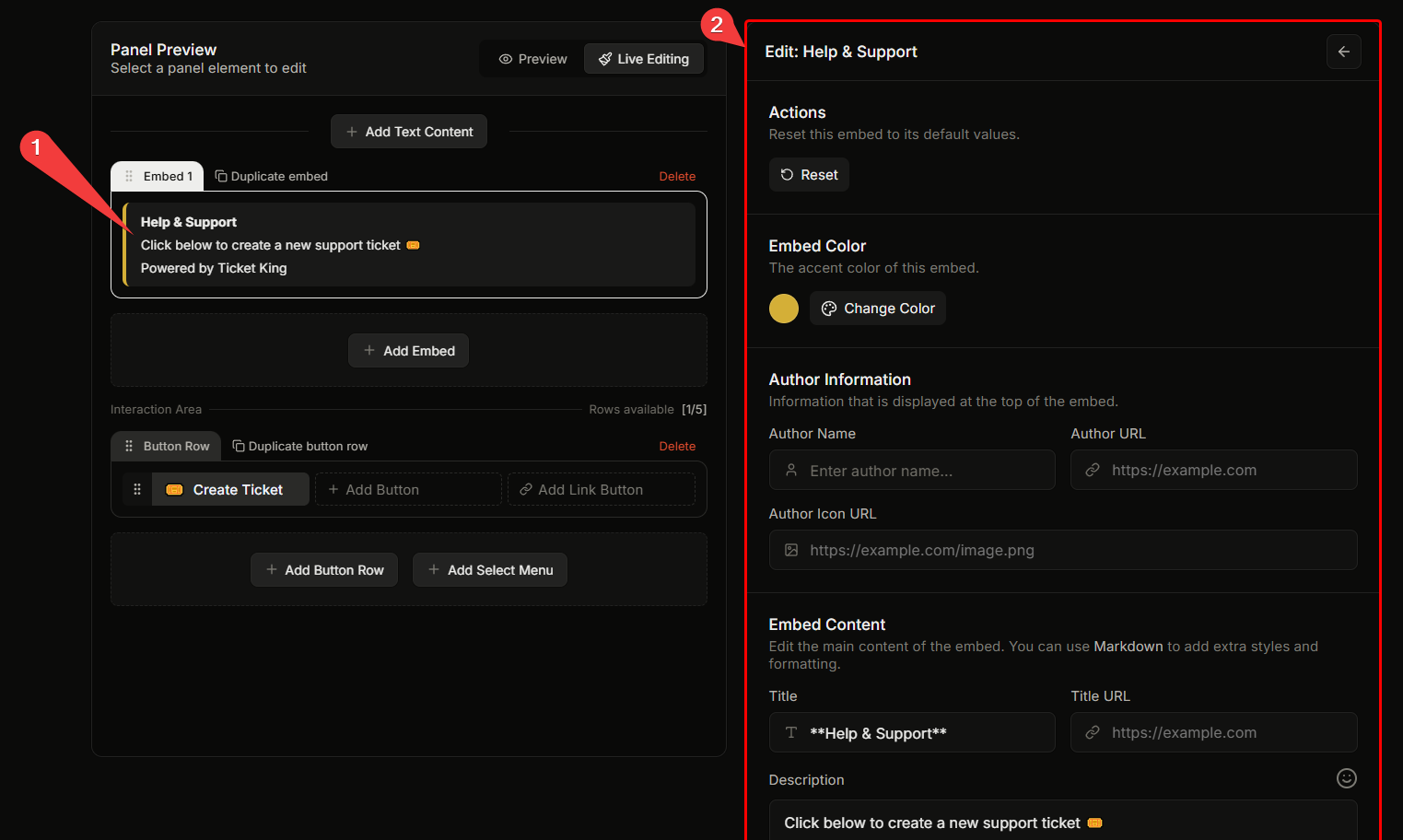 The Embed editor on the right pane of the panel editor with all sections visible (Actions, Embed Color, EmbedEditor inpu