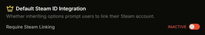 A panel option's Advanced tab with the Steam ID Integration section and Require Steam Linking toggle