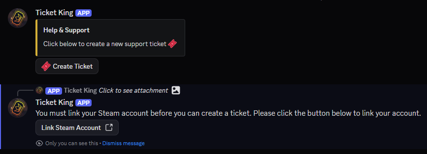A Discord channel showing the member clicking a panel option and the bot replying with a Link Steam Account button