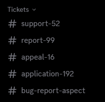 A Discord server with the Tickets category open and 4 to 5 ticket channels visible, each demonstrating a different namin