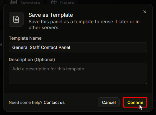 The Templates page with the newly saved template in the list