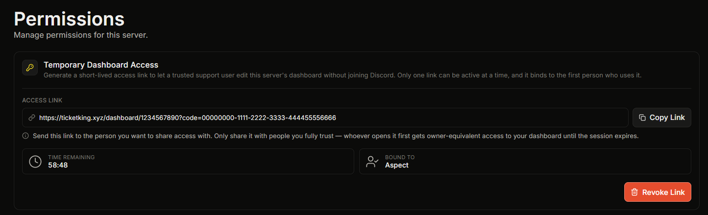 The Temporary Dashboard Access card on the Permissions page with an active link, showing the access link, time remaining